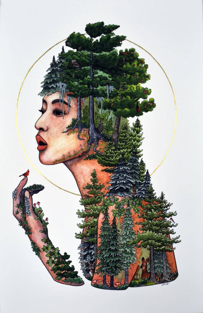 Print of the side profile of a woman covered in trees with a small bird on her finger.